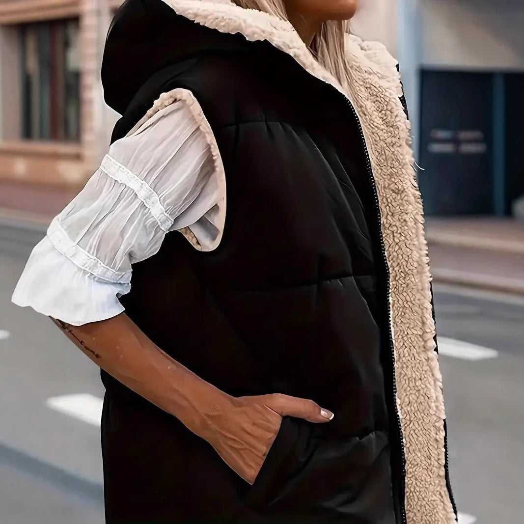 Elegante, doppelseitige Cardigan-Weste mit Kapuze