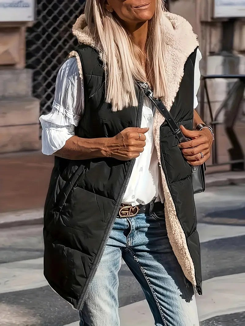 Elegante, doppelseitige Cardigan-Weste mit Kapuze