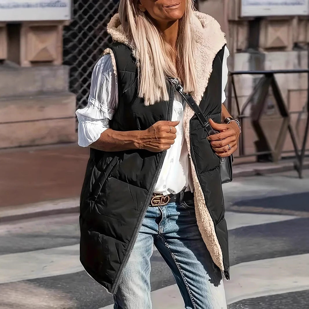 Elegante, doppelseitige Cardigan-Weste mit Kapuze