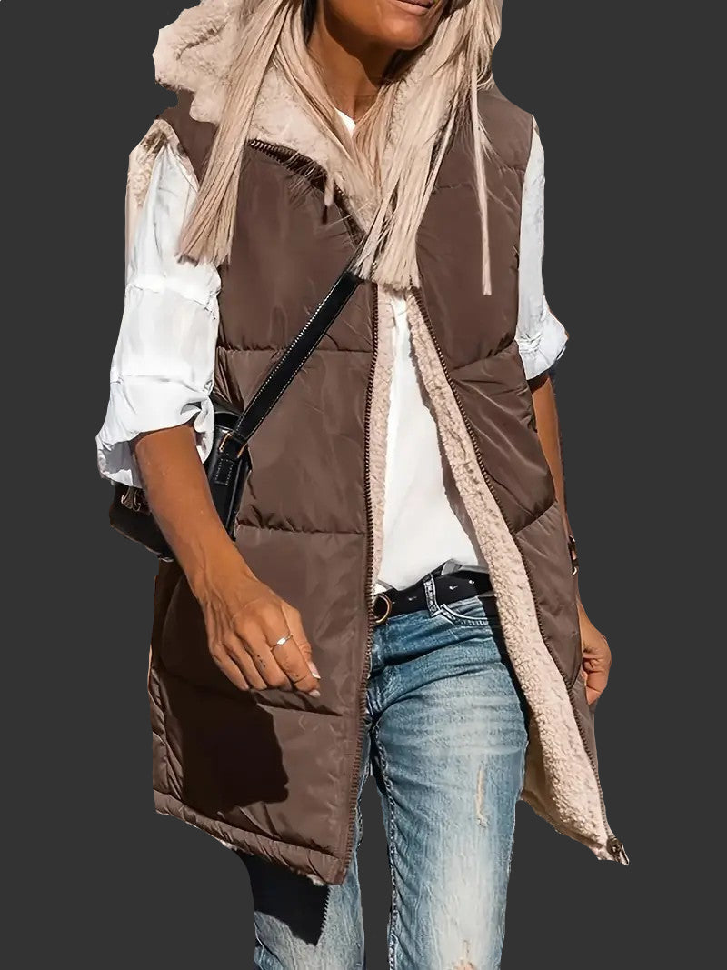 Elegante, doppelseitige Cardigan-Weste mit Kapuze